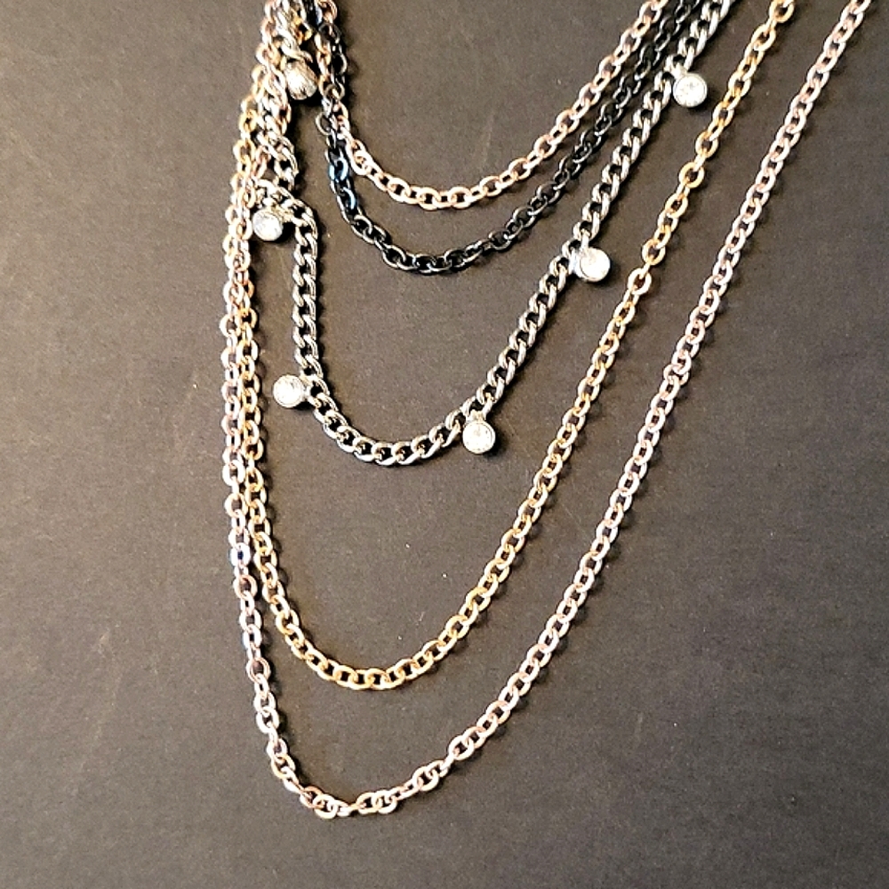 NEW Metallic Multimedia Necklace, 5 Strands, Silver, Rose Gold, Black, …